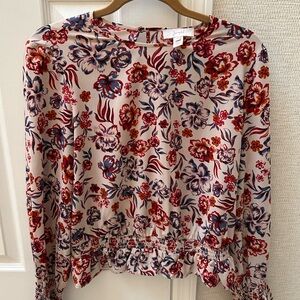 Scripted Red and Blue Floral Blouse